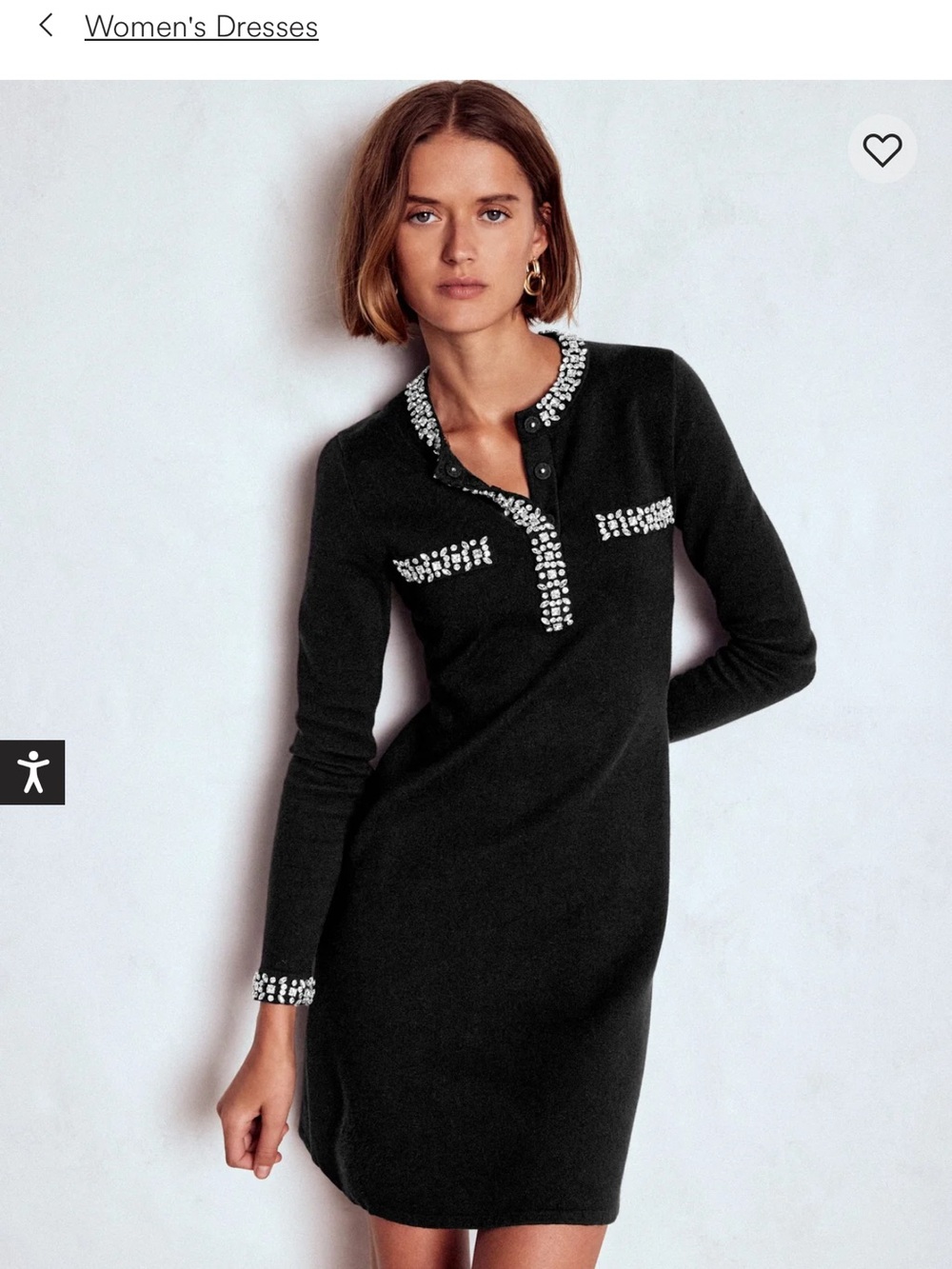 Boden Black Knit Long-Sleeve Dress with Crystal Trim